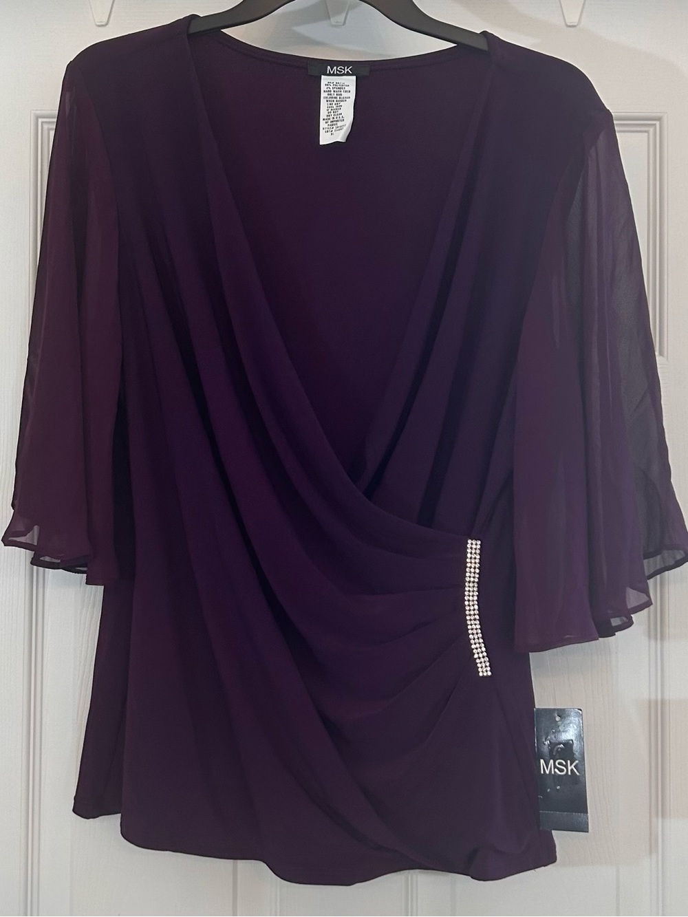 MSK Women’s Plum Draped Chiffon Sleeve Top Size XL 🆕